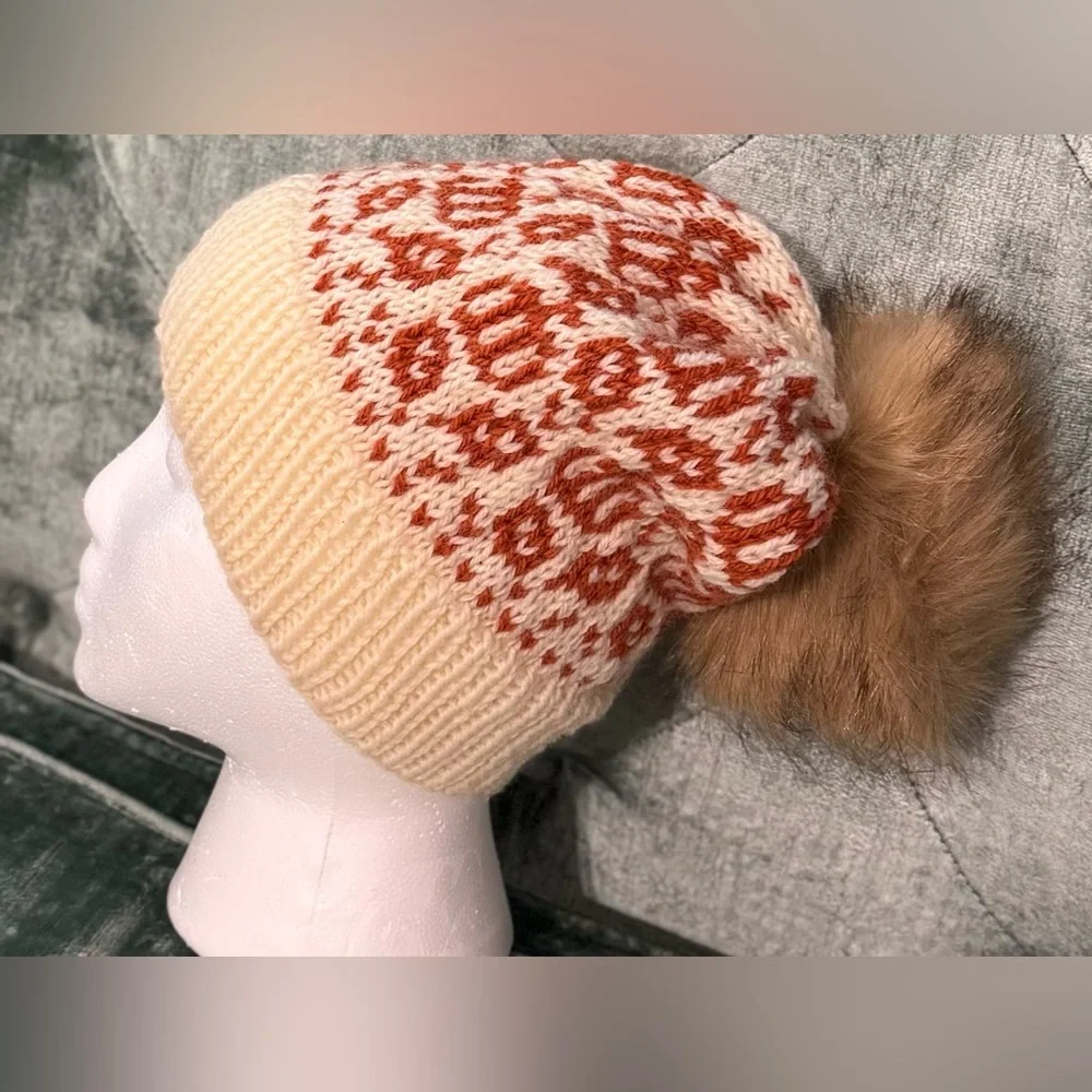 Handmade Hand Crafted Adult Fall Knit Wool Hat Cream and Pumpkin - Picture 2 of 4